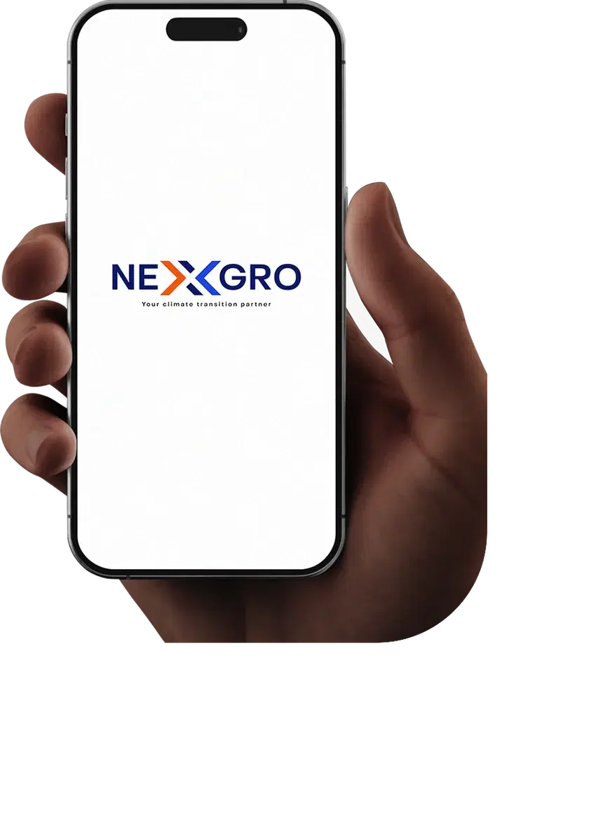 A hand holding a phone showing the Nexxgro app