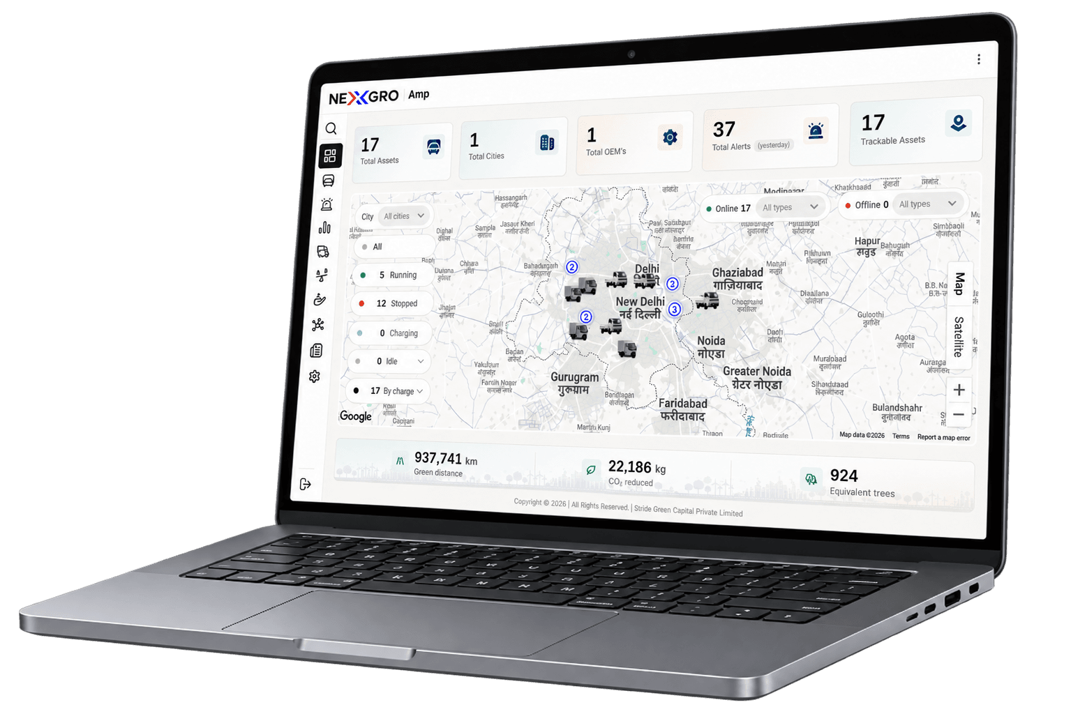 NexxGro AMP fleet dashboard showing live asset locations and fleet status